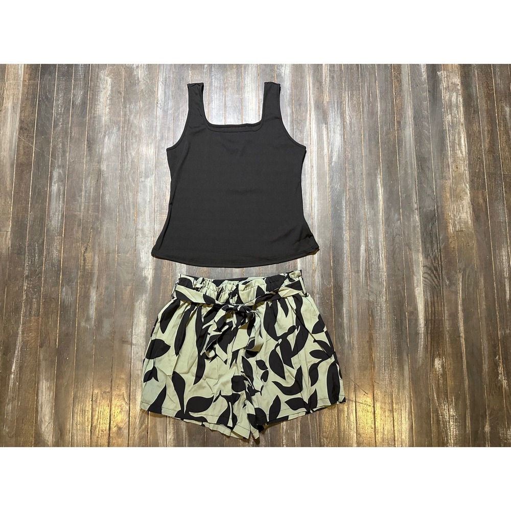 SHEIN 2 Piece Set Black Ribbed Tank Top and‎ Green Leaf Print Paperbag Shorts